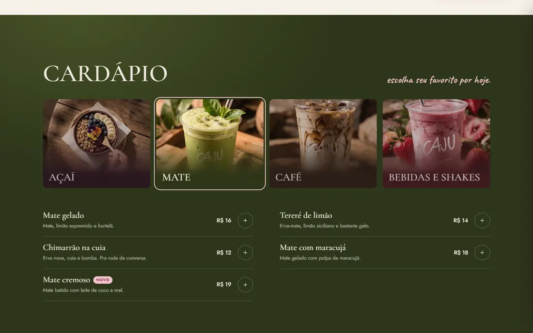 Cardápio: O cardápio em abas