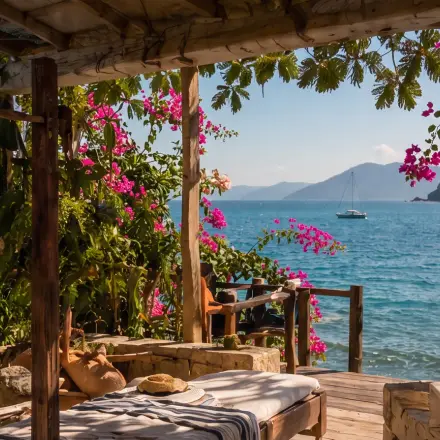 Bangalô com flores e vista para a baía