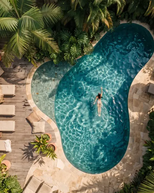 Piscina de pedra cercada de vegetação, vista de cima