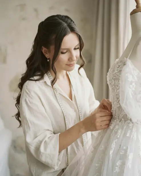 Estilista do ateliê ajustando um vestido de noiva no manequim