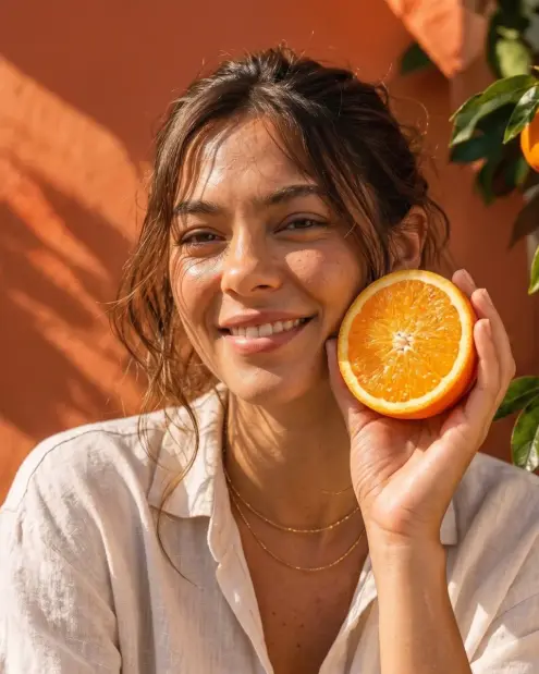 Olívia sorrindo e segurando meia laranja
