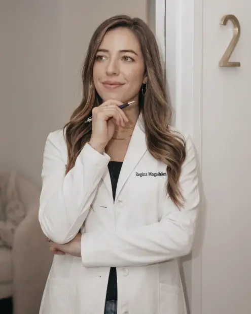 Dra. Regina Magalhães de jaleco branco, sorrindo, na clínica Véra